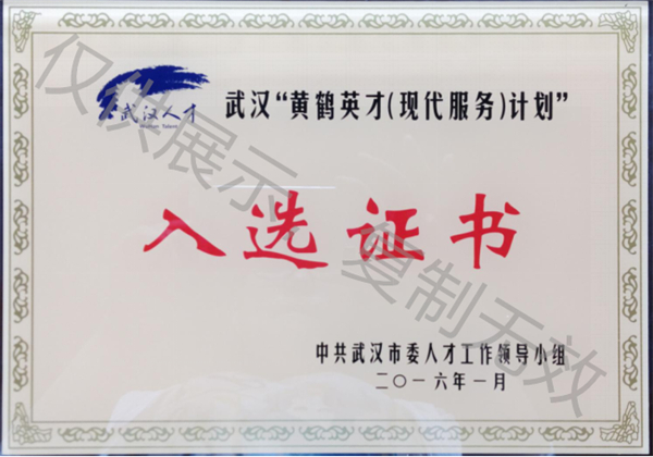 马小军-武汉“黄鹤英才（现代服务）计划”入选证书
